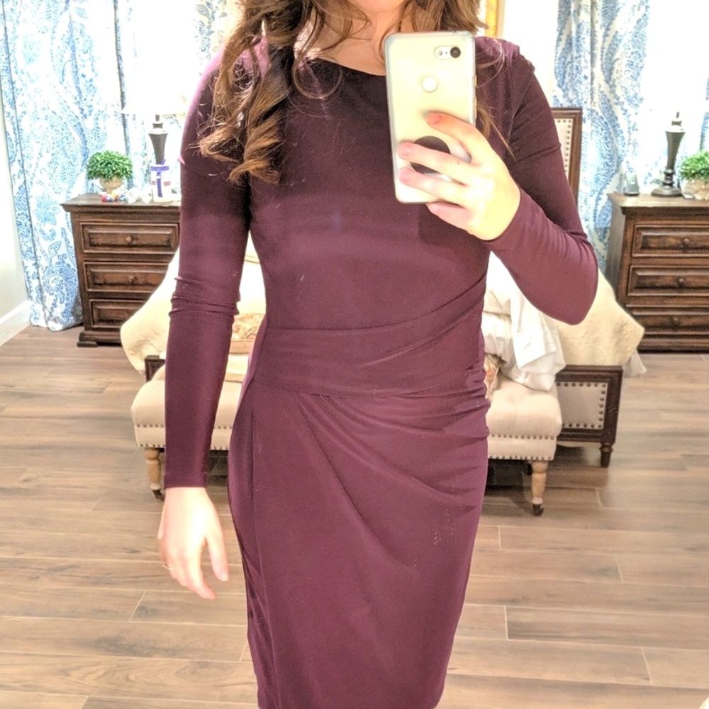 Lauren Ralph Lauren Stretch Jersey Dress Size 14 Long Sleeve Plum Waist Detail